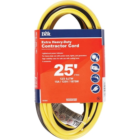SJTW Extension Cord, 12 AWG, Outdoor, 12/3, 1 Outlets, Black/Yellow, 25 ft